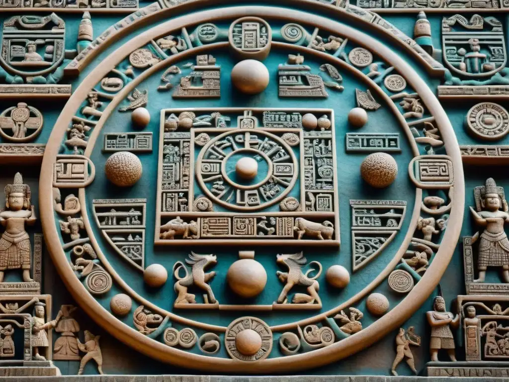 Intrincada talla de piedra maya con calendario circular y símbolos celestiales, representando el concepto tiempo lineal vs circular en Mesoamérica