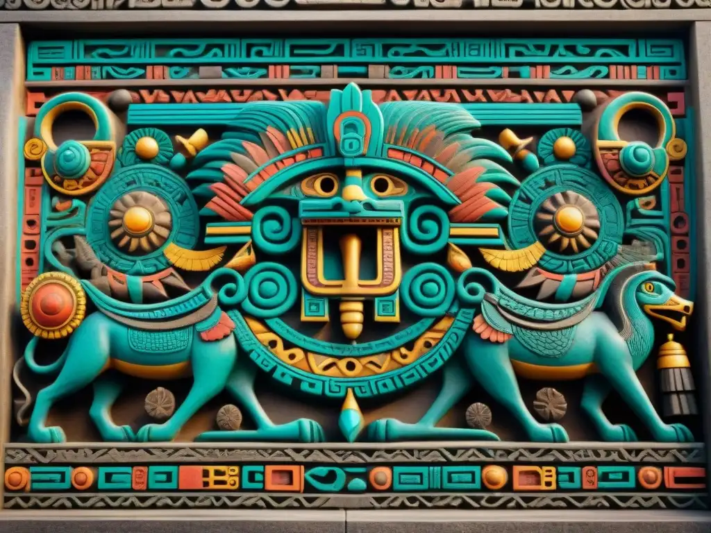 Intrincada talla de piedra representando la mitología de creación de las culturas mesoamericanas, con Quetzalcóatl y Tezcatlipoca