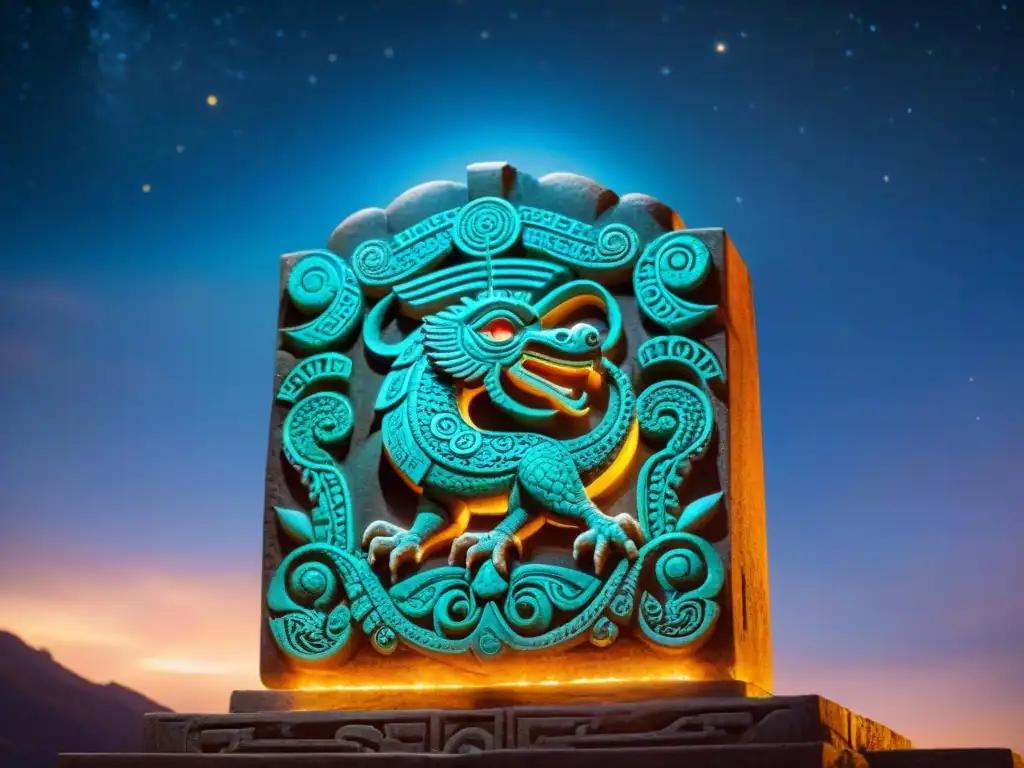 Intrincada talla de piedra de Quetzalcóatl rodeada de símbolos celestiales y jeroglíficos mayas, bajo un cielo estrellado