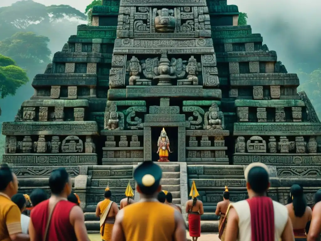 Intrincadas ceremonias religiosas mayas con sacerdotes y adoradores en templo adornado, muestra la esencia de la religión en la Ética Civilizaciones