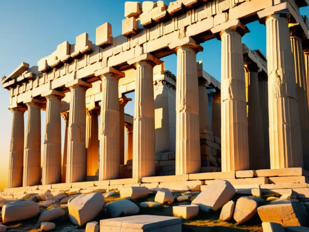 Intrincadas columnas del Partenón iluminadas por un atardecer dorado, destacando el significado oculto de la Acrópolis de Atenas