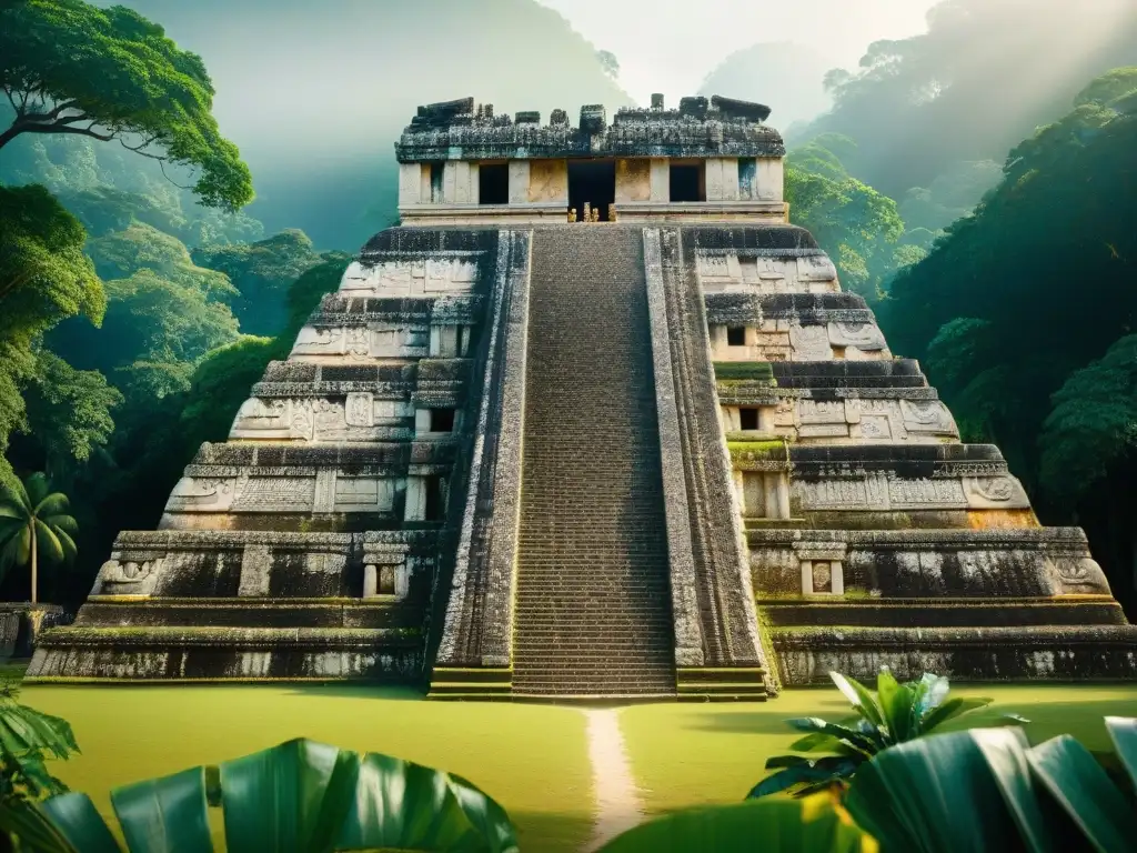 Intrincadas construcciones asombrosas antiguos mayas en Palenque, México, iluminadas por el sol entre la densa selva