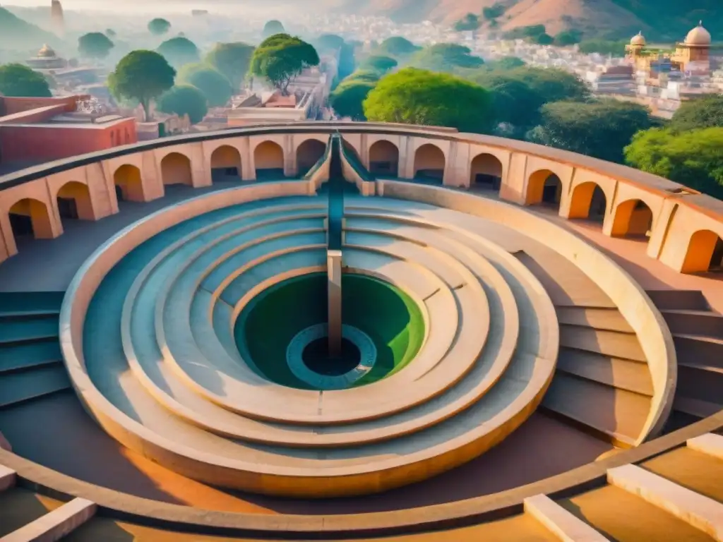 Intrincadas construcciones astronómicas de la India antigua en Jantar Mantar, Jaipur, con sombras proyectadas por el sol