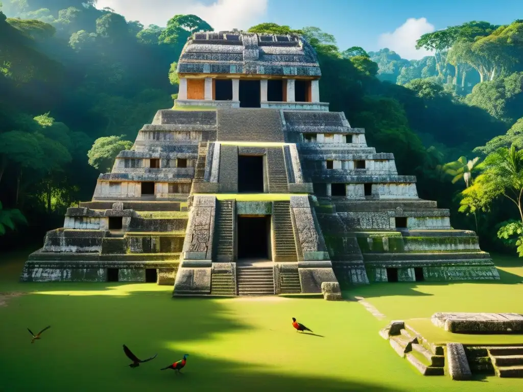 Intrincadas esculturas y glifos en ruinas del Templo de las Inscripciones en Palenque, con una atmósfera sagrada y misteriosa