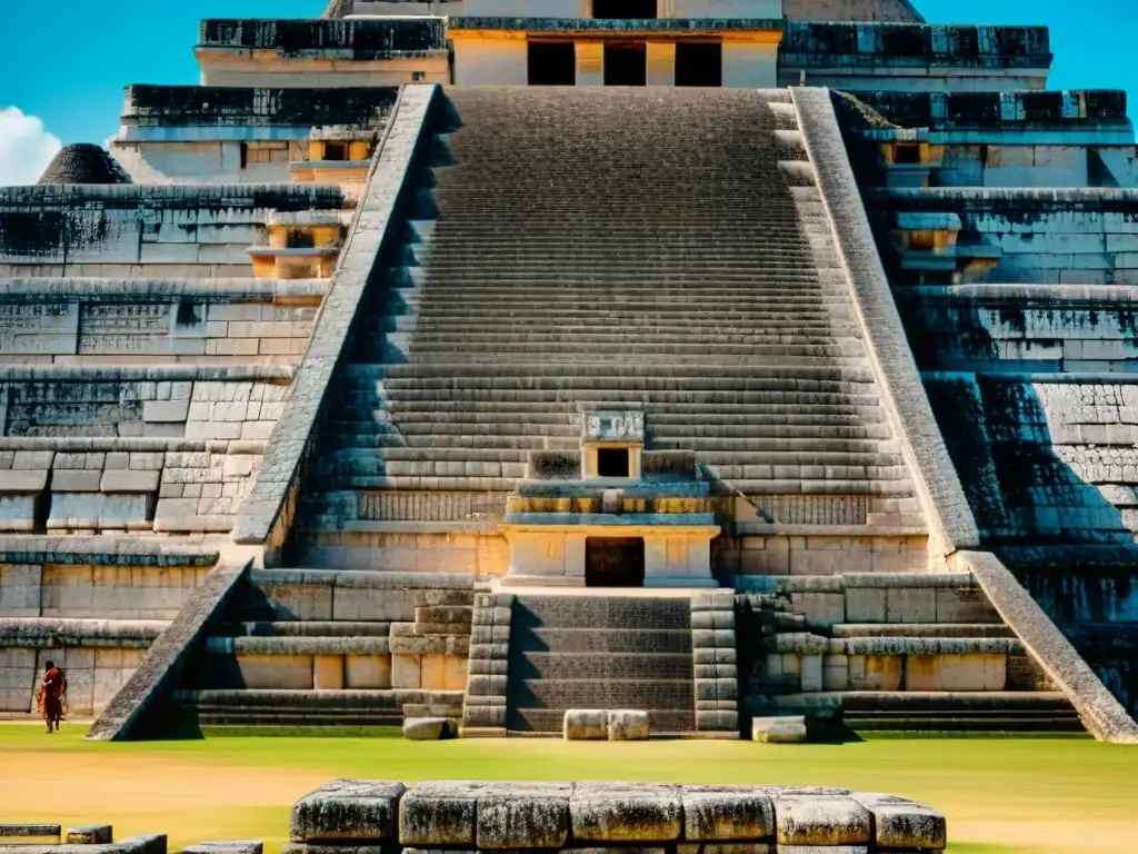 Intrincadas esculturas de piedra del Templo de Kukulcán en Chichén Itzá, resaltando los misterios mayas