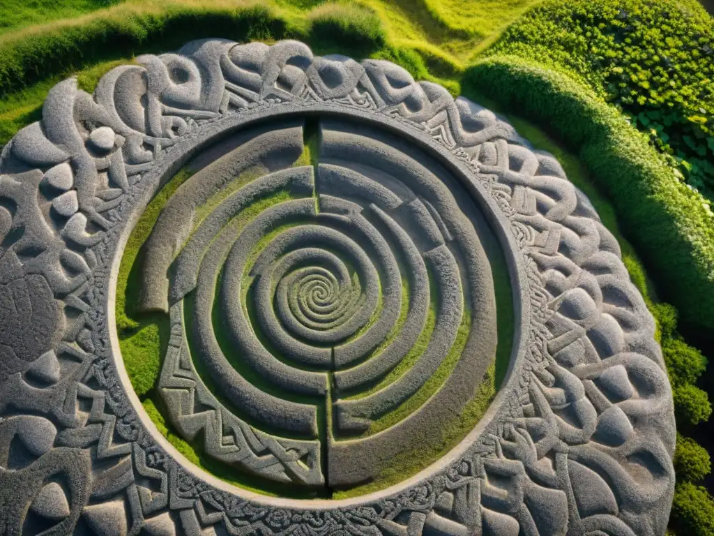 Intrincadas espirales grabadas en piedra de la entrada de Newgrange, reflejando el arte ancestral del templo solar antiguo en Irlanda