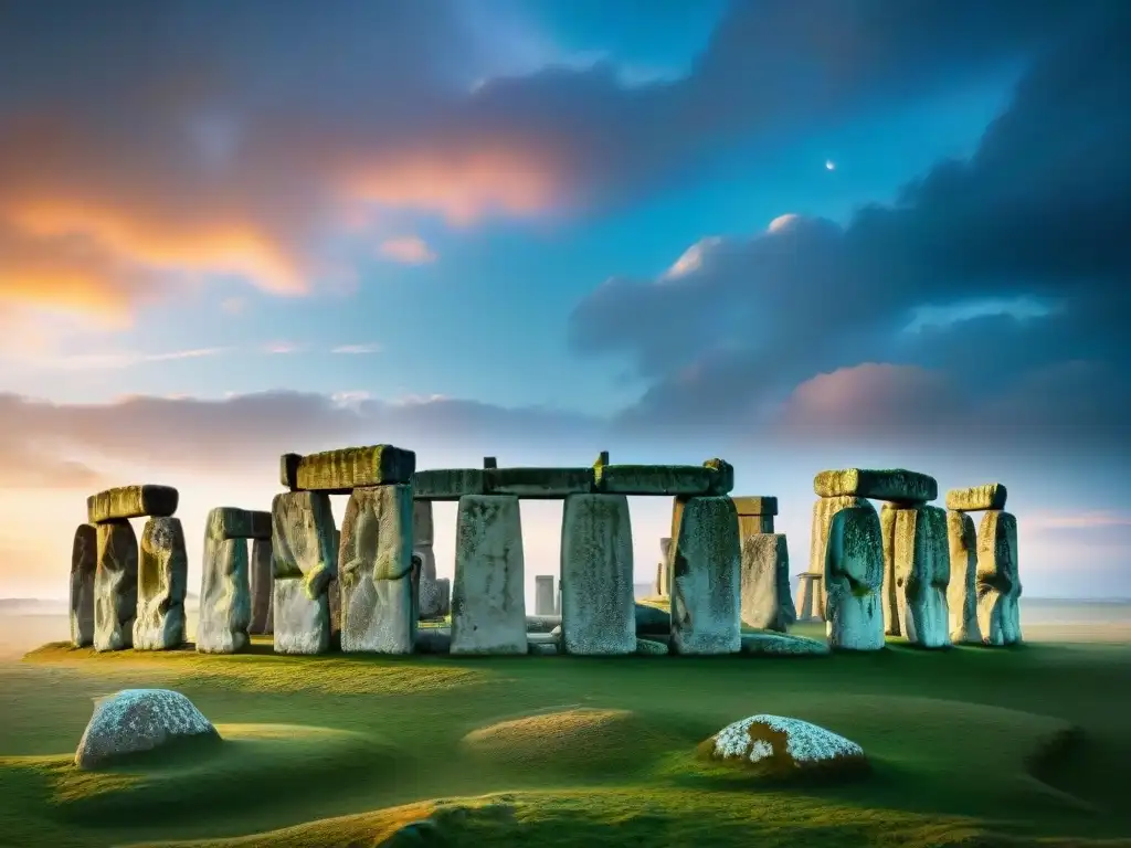 Intrincadas estructuras de Stonehenge bajo un cielo dramático, revelando su misteriosa gloria y el calendario cósmico de civilizaciones antiguas