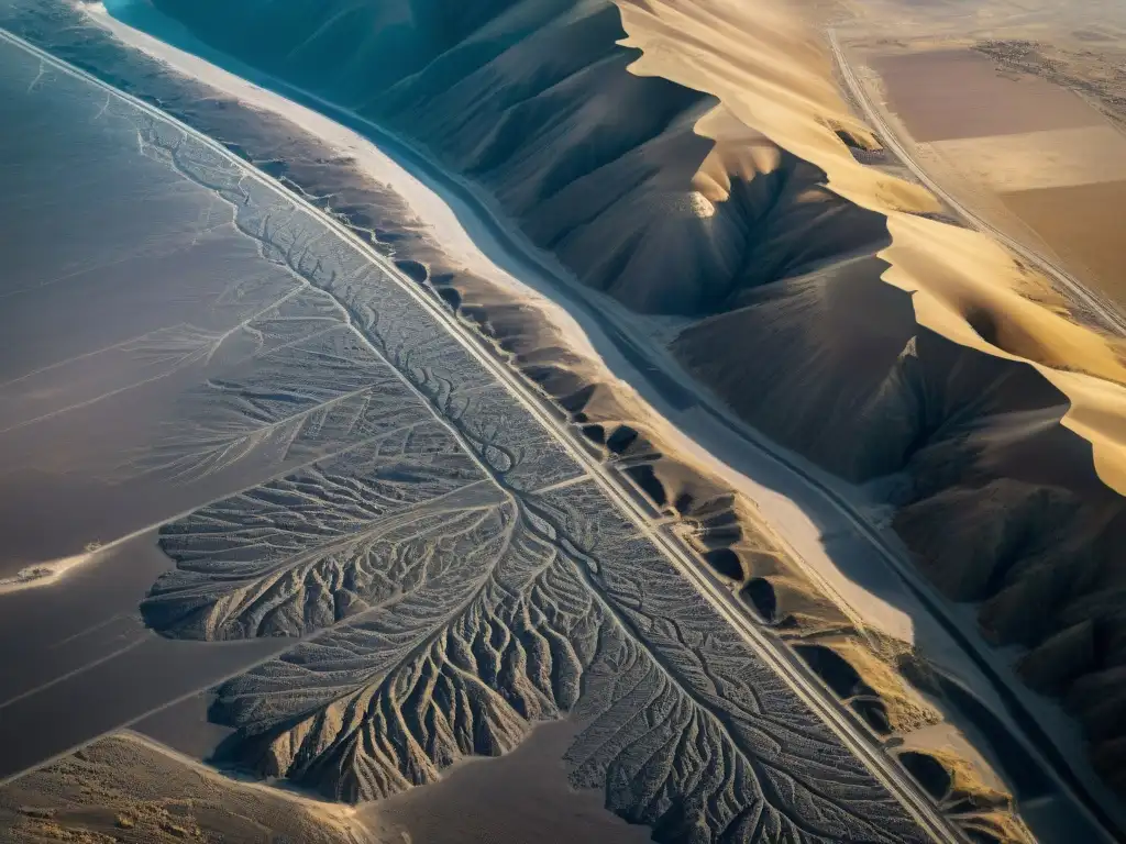 Intrincadas figuras y geometrías de las enigmáticas Líneas de Nazca en el desierto, revelando su precisión y significado cultural