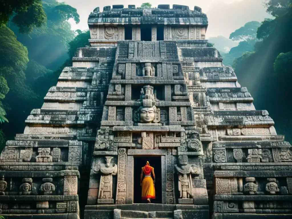 Intrincadas figuras y glifos mayas esculpidos en piedra en el Templo de las Inscripciones en Palenque, México