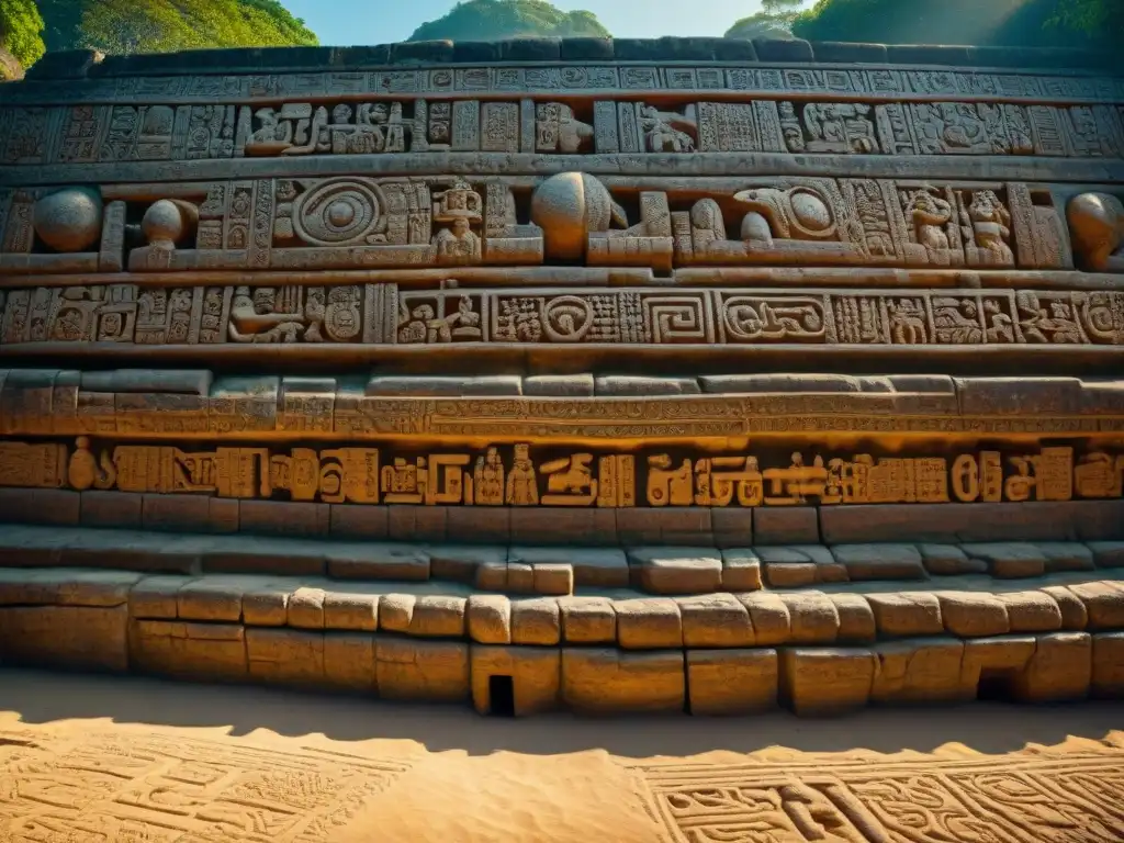 Intrincadas carvings y glifos en un Juego de pelota mesoamericano, bañados en luz dorada