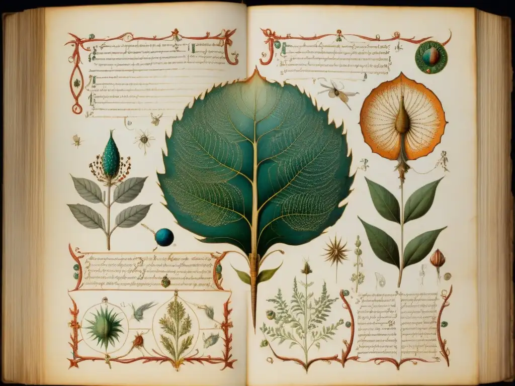 Intrincadas ilustraciones botánicas y texto encriptado del misterioso Código Voynich, bañados en cálida luz