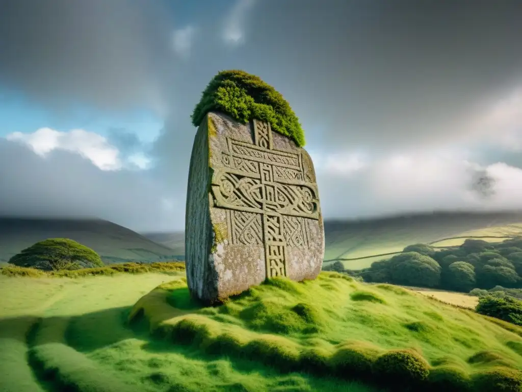 Intrincadas inscripciones antiguas en piedra ogham, revelando su significado en un paisaje celta verde bajo un cielo nublado