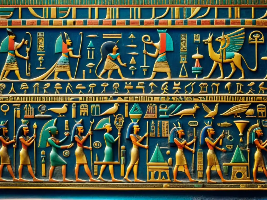 Misteriosos jeroglíficos egipcios: magia y ritual en la tumba de Tutankamón Intrincadas inscripciones jeroglíficas en una tumba egipcia antigua, mostrando la magia en el Antiguo Egipto