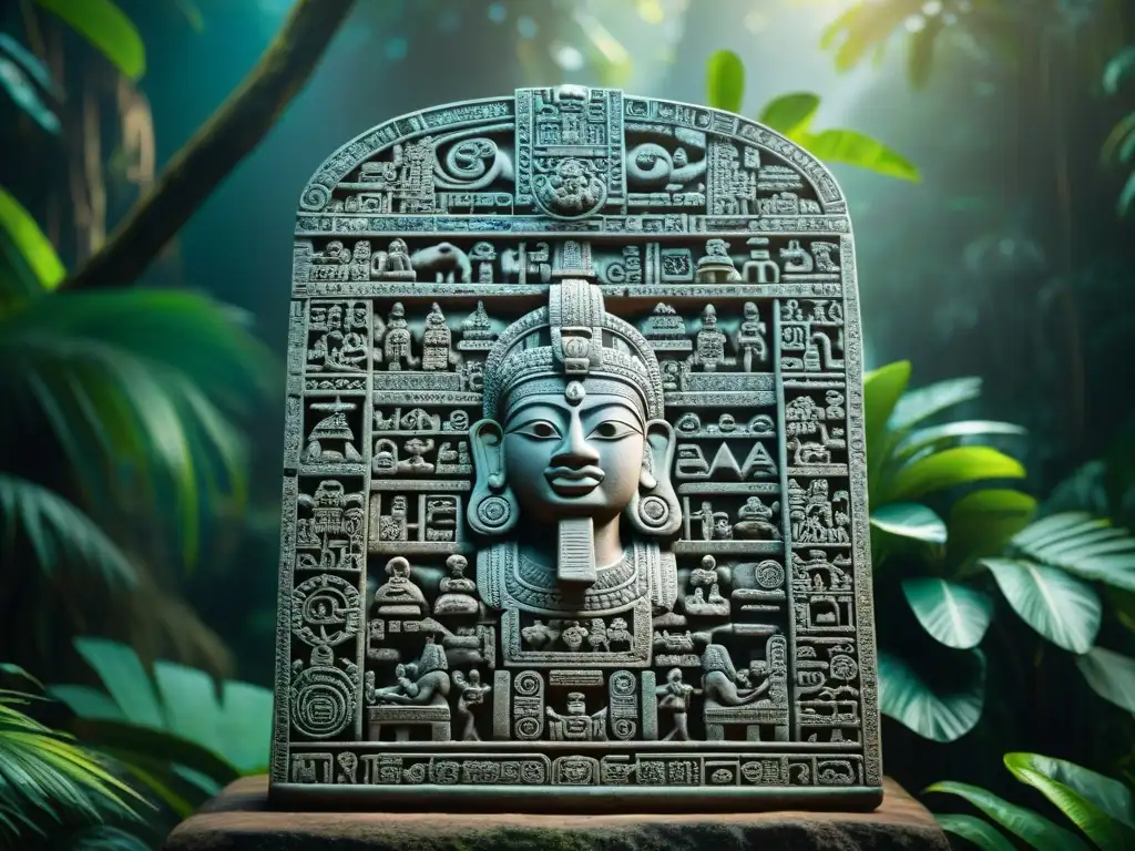 Intrincadas inscripciones mayas en estela, rodeadas de exuberante selva y luz dorada