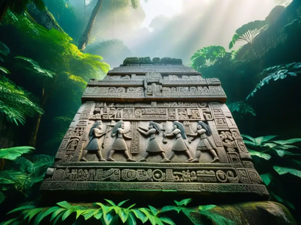 Intrincadas inscripciones mayas iluminadas por el sol en Palenque, Mensajes del Más Allá