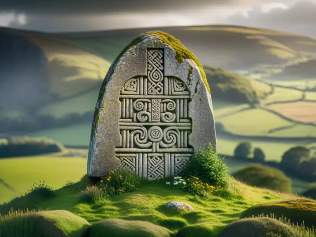 Intrincadas inscripciones Ogham en monumento de piedra ancestral, revelando el significado escritura celta Ogham en paisaje irlandés