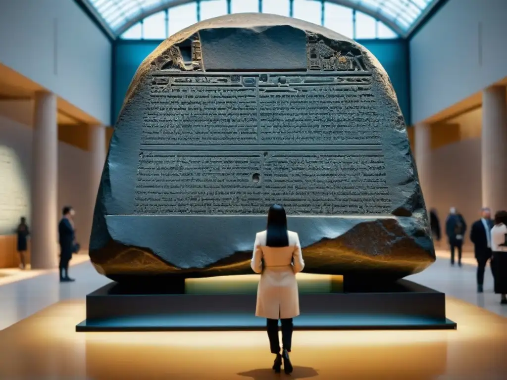 Intrincadas inscripciones de la Piedra Rosetta en el British Museum, destacando la historia de civilizaciones antiguas