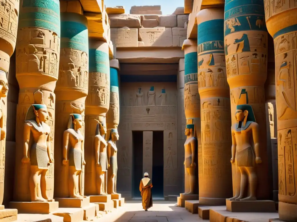 Explora las intrincadas jeroglíficos y grabados del Templo de Karnak en Egipto, iluminados por la luz solar entre las majestuosas columnas