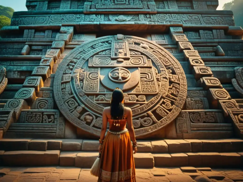 Intrincadas marcas mayas en templo ancestral iluminadas por la puesta de sol