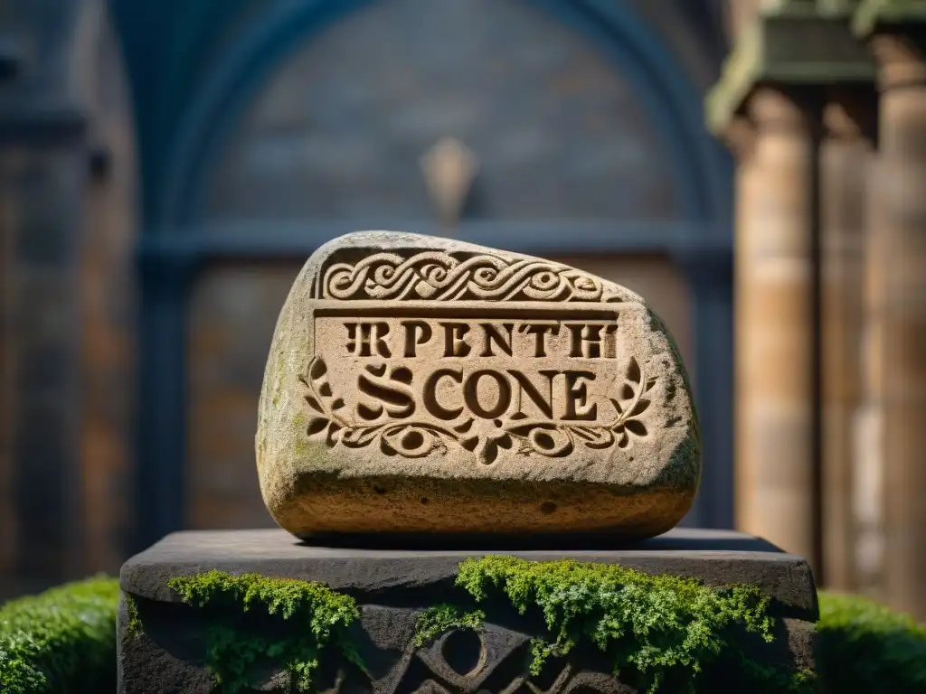 Intrincadas marcas en la Piedra de Scone, reflejando siglos de historia en cámara oscura del Castillo de Edimburgo