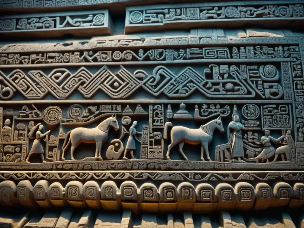 Intrincadas piedras talladas y jeroglíficos en Palenque, revelando significado mensajes astronómicos