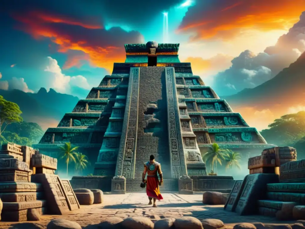 Intrincadas profecías mayas del apocalipsis talladas en piedra, evocando misterio y asombro en vibrantes colores