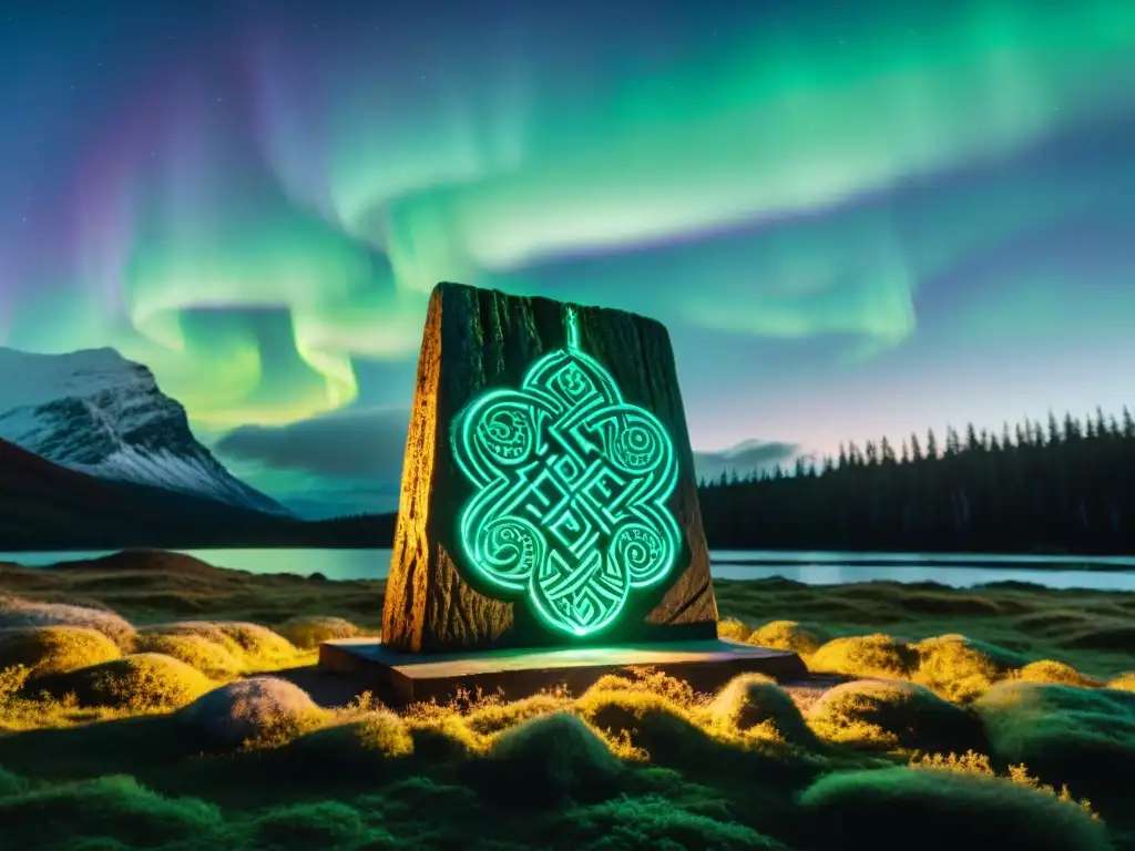 Intrincadas runas vikingas en piedra en un bosque nórdico bajo la aurora boreal, evocando misticismo y conexión divina