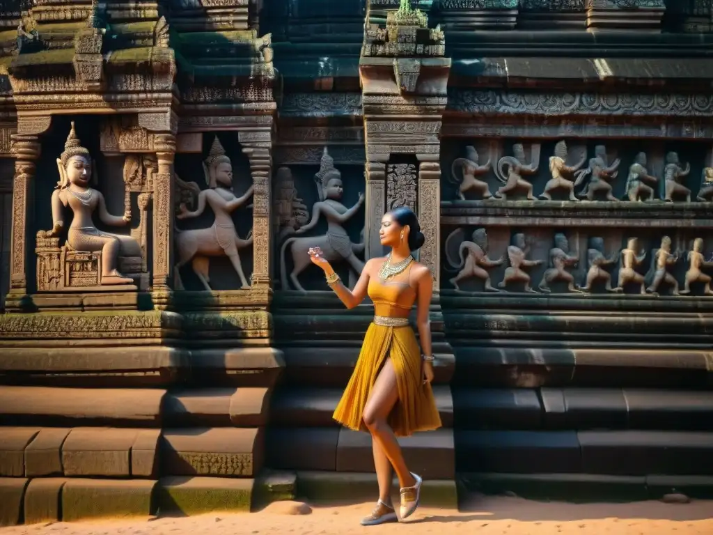 Intrincadas tallas de Angkor Wat, con criaturas míticas y dioses, bañadas en luz cálida