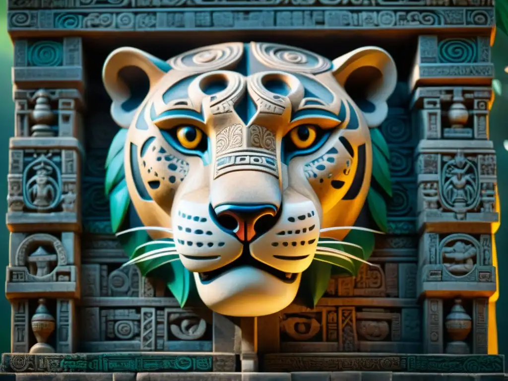 Intrincadas tallas de un jaguar en los muros de un templo maya, resaltando la importancia espiritual de los Templos del Jaguar en Maya