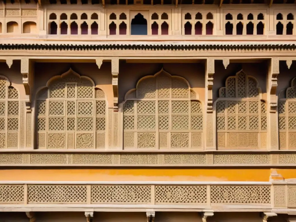 Intrincadas tallas en las paredes del Fuerte Amber India, resaltando su belleza arquitectónica y misterios históricos