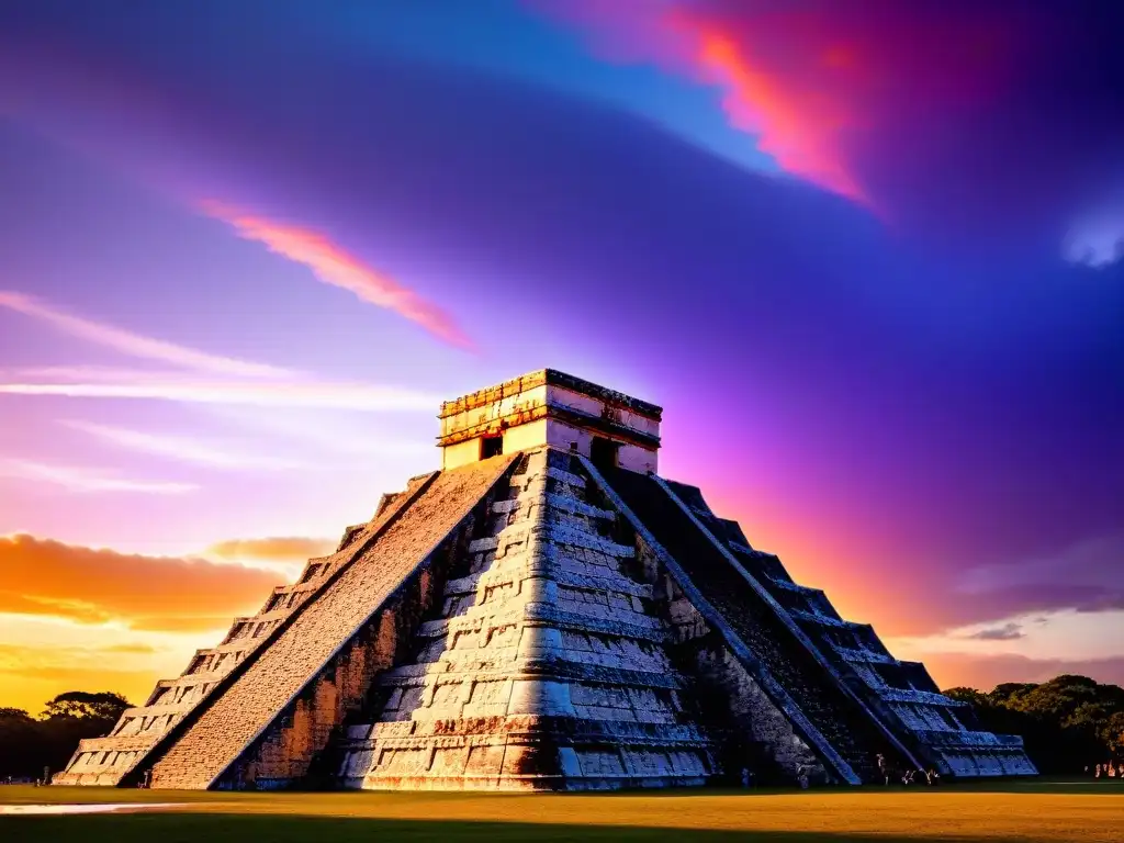 Intrincadas tallas de templo maya de Kukulcán en Chichén Itzá al atardecer, legado de constructores antiguos influencia