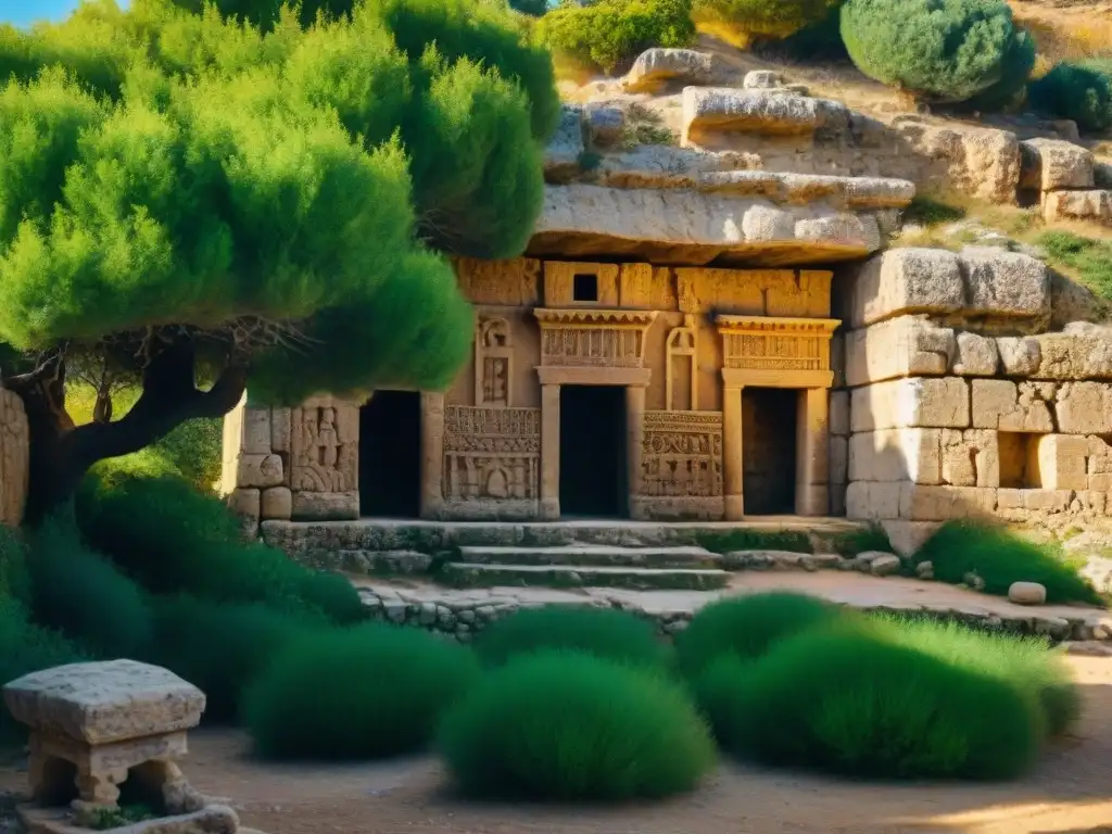 Intrincadas tumbas de piedra en Tumba de los Reyes, Chipre, iluminadas por el sol entre la exuberante vegetación