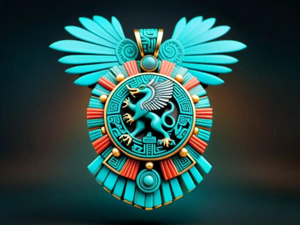 Intrincado amuleto azteca de Quetzalcóatl en turquesa y obsidiana, evocando poder y protección con colores vibrantes