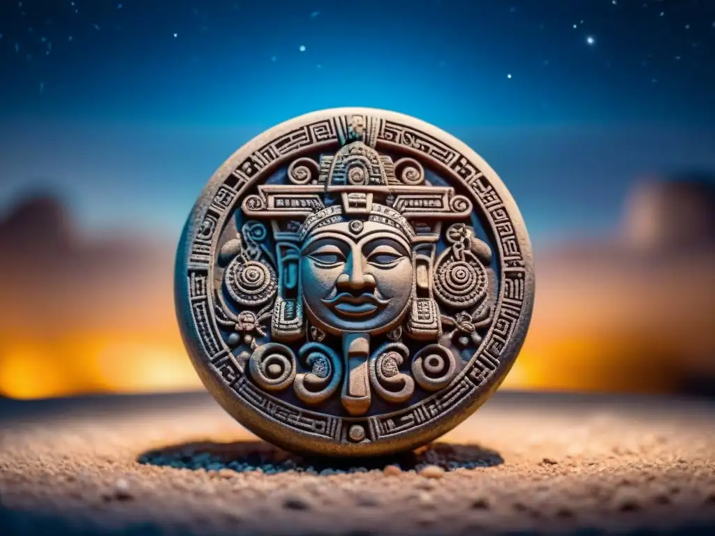 Intrincado calendario maya antiguo iluminado por la luna en una noche estrellada