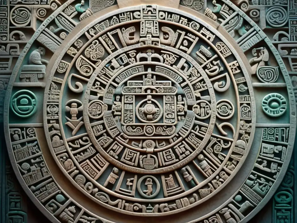 Intrincado calendario maya 2012: detalladas piedras talladas con símbolos y jeroglíficos representativos de la cultura maya