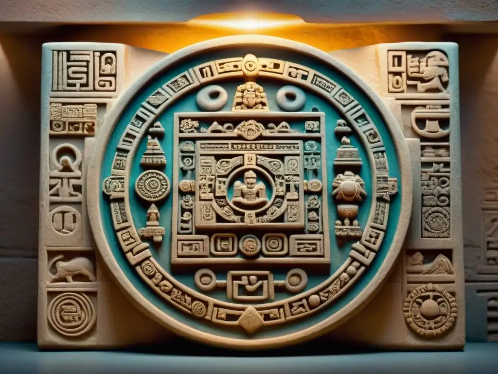 Intrincado calendario maya iluminado en tonos dorados, revelando profecías mayas interpretaciones reveladas