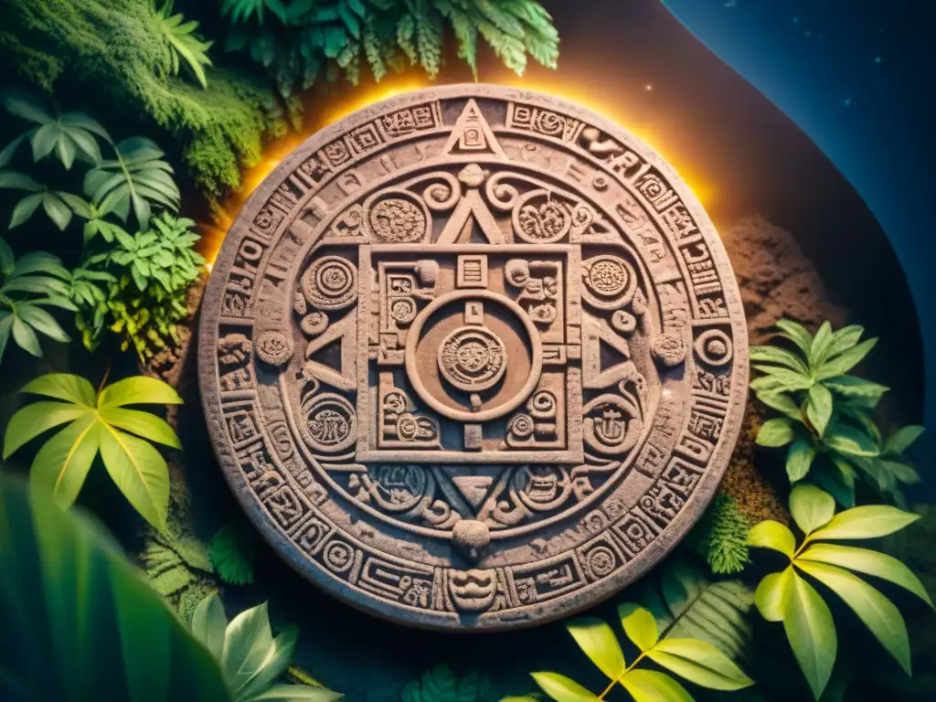 Intrincado calendario maya en la noche estrellada