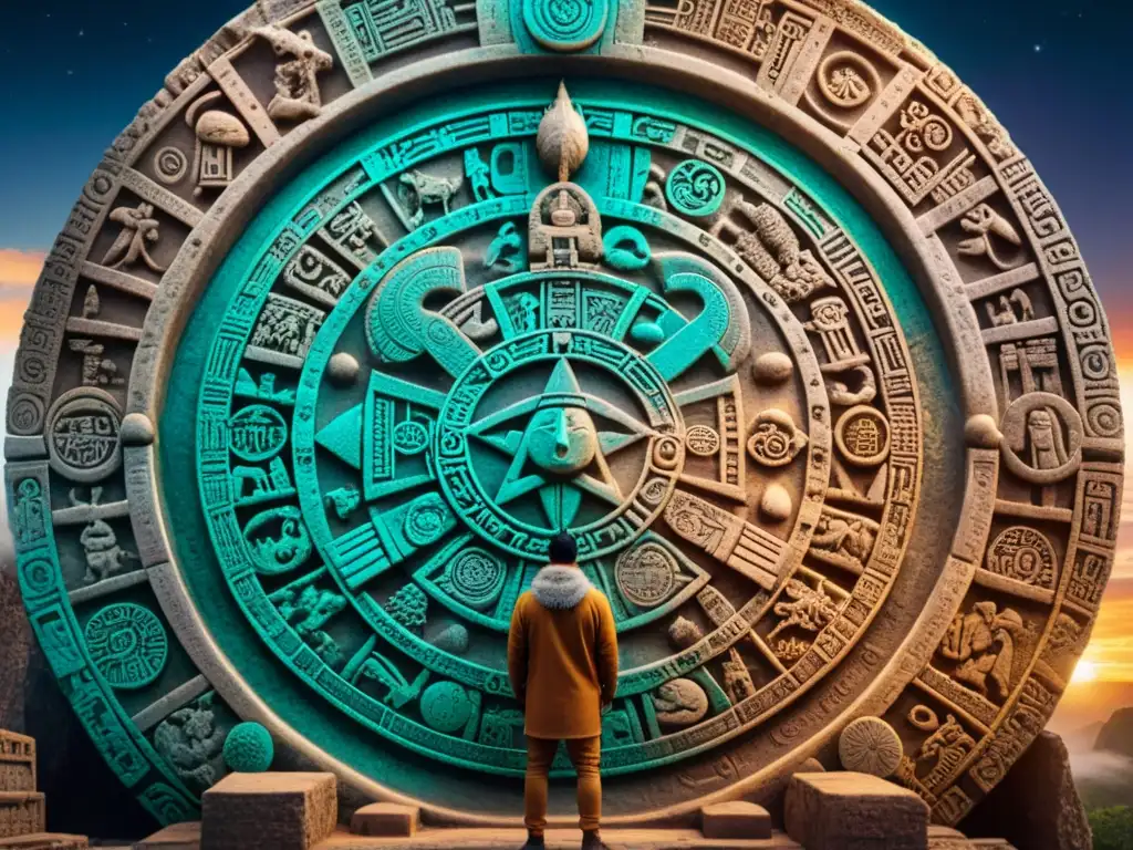 Intrincado calendario maya con signos zodiacales y símbolos, reflejando el significado zodiaco en calendarios antiguos