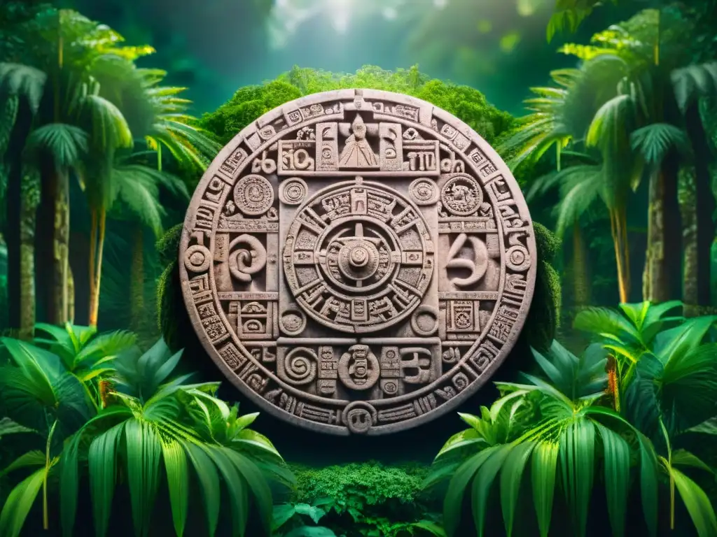 Calendario maya: conexión mística con el tiempo en la jungla Intrincado calendario maya tallado en piedra, con símbolos y jeroglíficos, en una selva mística