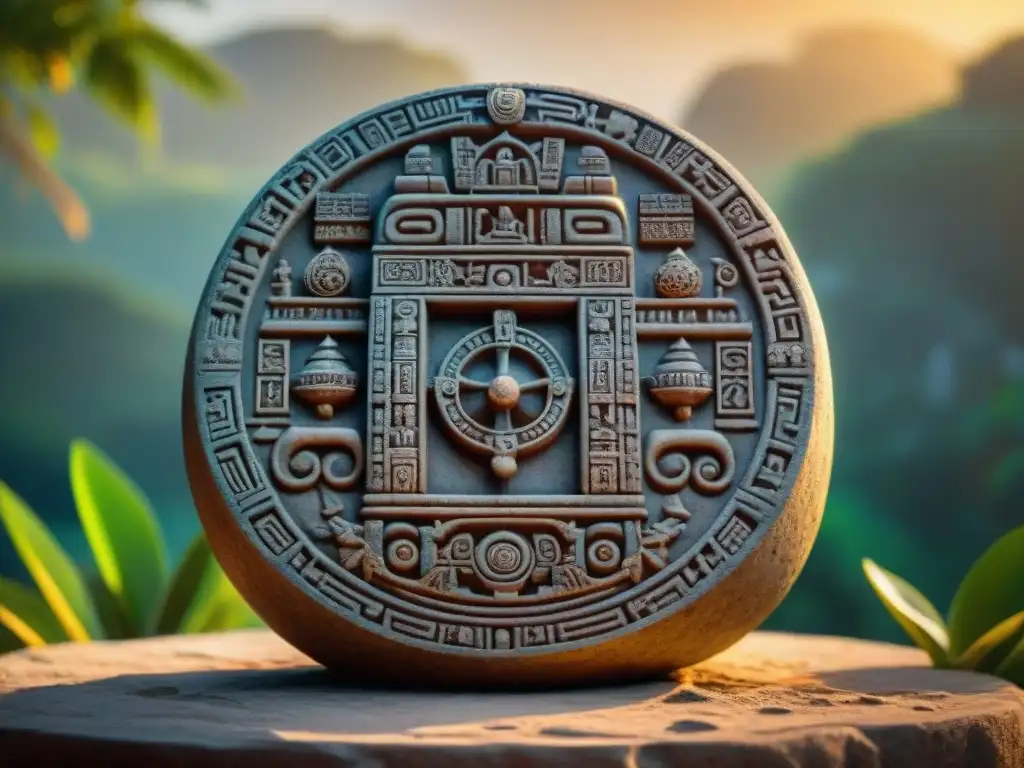 Intrincado calendario maya tallado en piedra, bañado por cálida luz solar en templo sereno