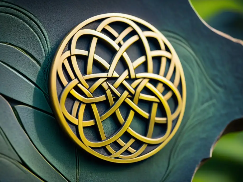 Intrincado diseño celta dorado en piedra antigua, iluminado por el sol