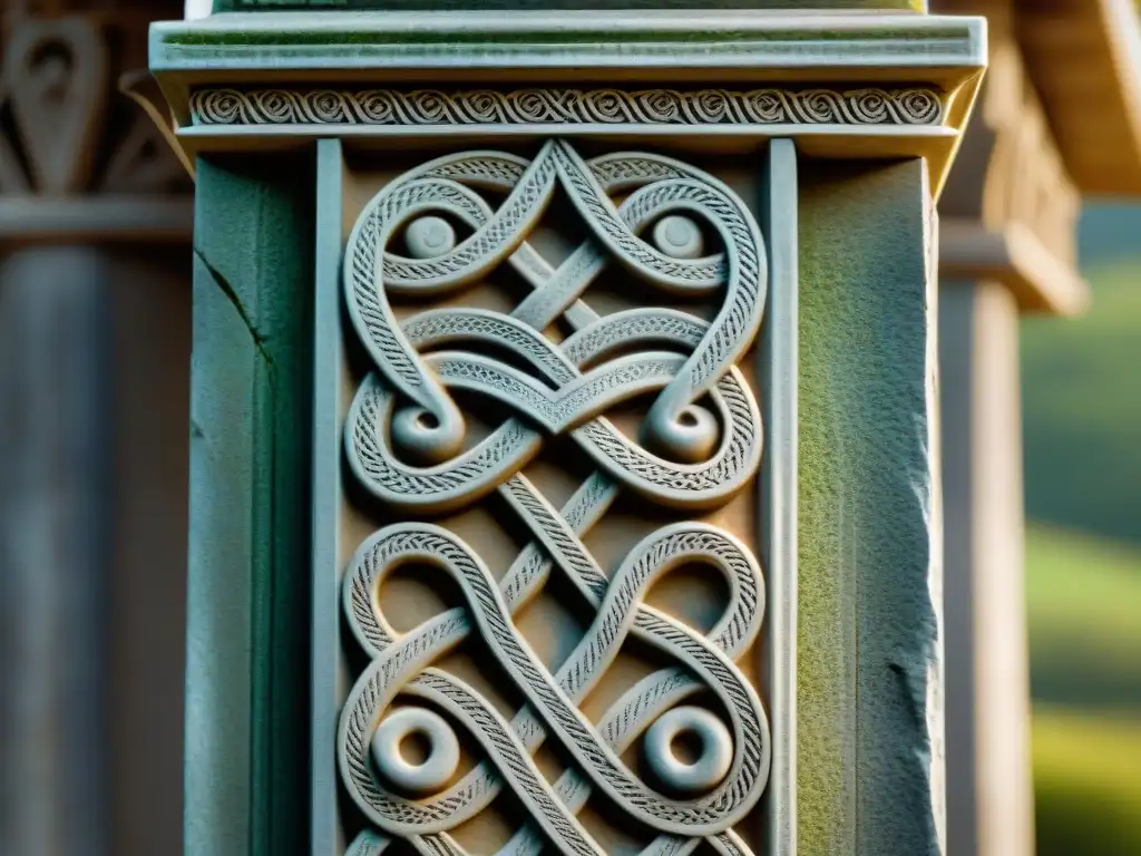 Intrincado diseño celta tallado en una columna de piedra desgastada, reflejando la artesanía y simbolismo de la antigua cultura celta