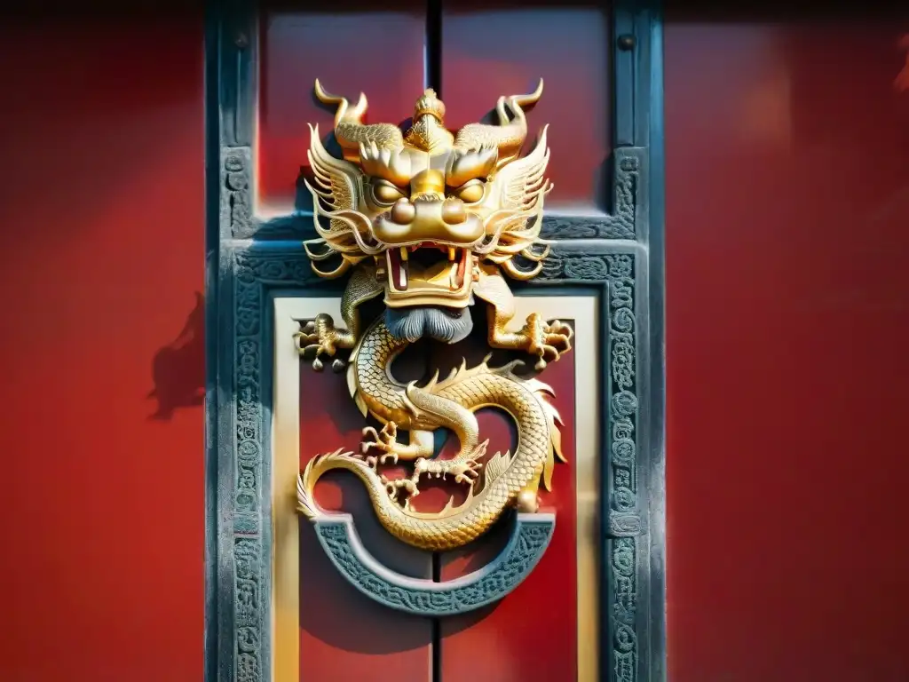 Intrincado dragón dorado en puerta roja de la Ciudad Prohibida de Beijing