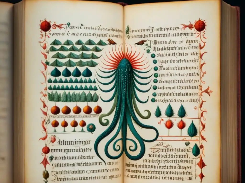 Intrincado folio del misterioso Código Voynich con dibujos botánicos y símbolos enigmáticos en paleta de colores desvaídos