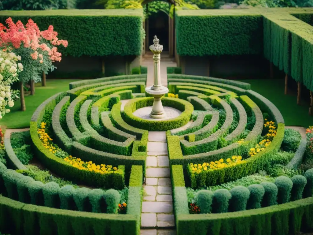 Intrincado laberinto de piedra en un jardín exuberante, con senderos serpenteantes rodeados de flores vibrantes y arbustos