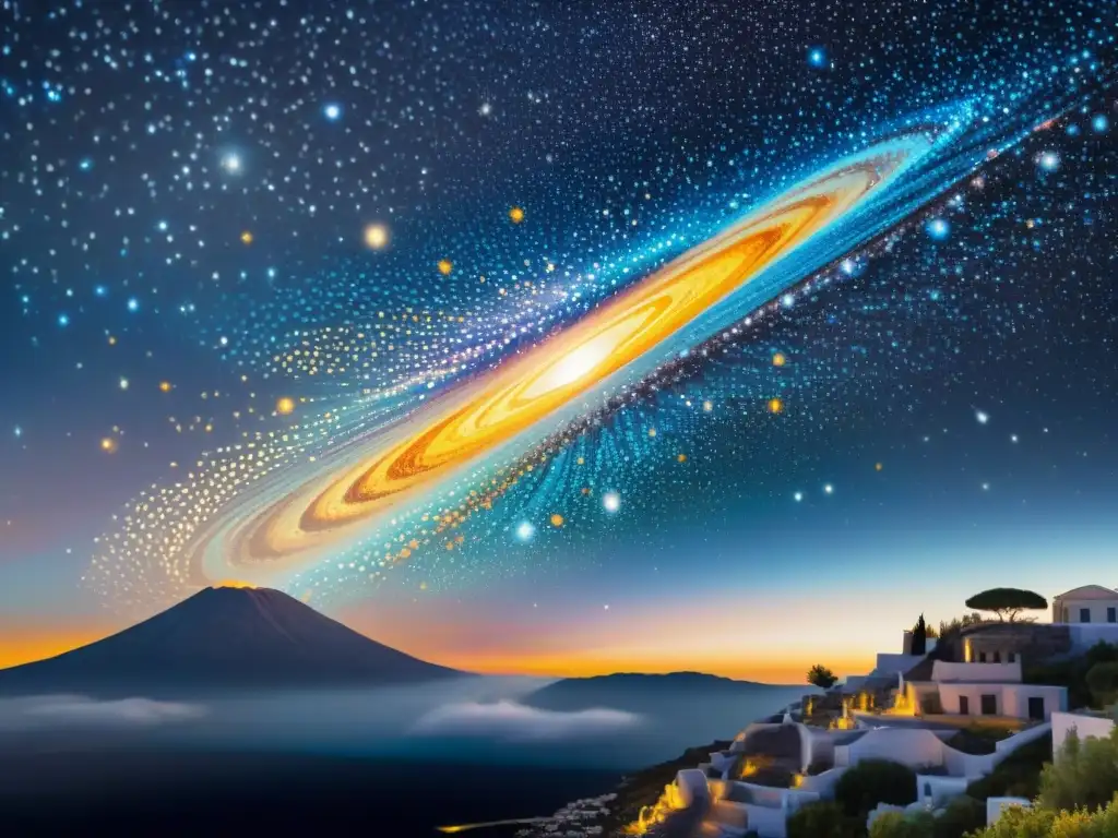 Intrincado mosaico representando escena celestial en Grecia Antigua, influencia cometas creencias antiguas