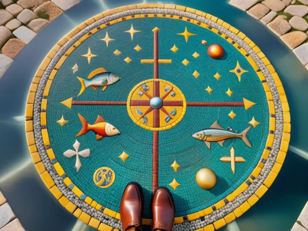 Intrincado mosaico romano con signos zodiacales y símbolos cristianos, influencia astrología en cristianismo primitivo