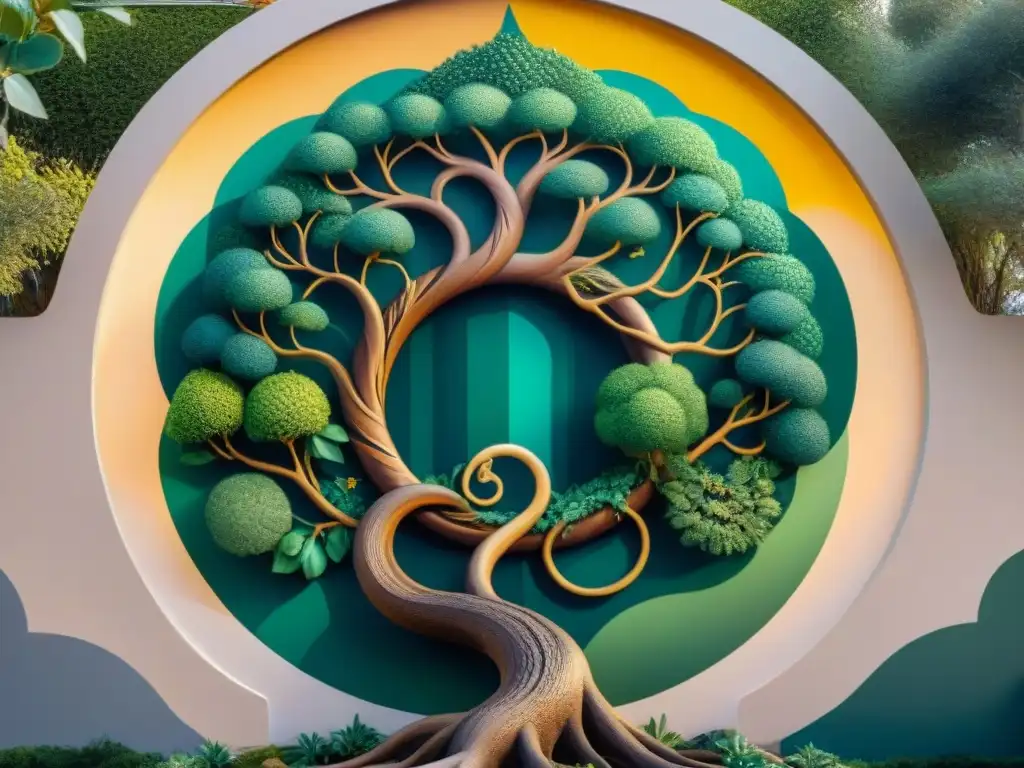 Intrincado mural de un majestuoso Ouroboros serpentino rodeando un árbol sagrado, simbolizando el significado simbolismo Ouroboros antiguo