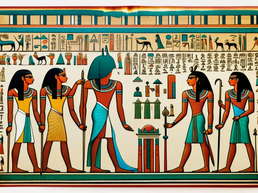 Intrincado papiro egipcio antiguo con jeroglíficos desgastados y escenas de la vida de la Reina Nefertari