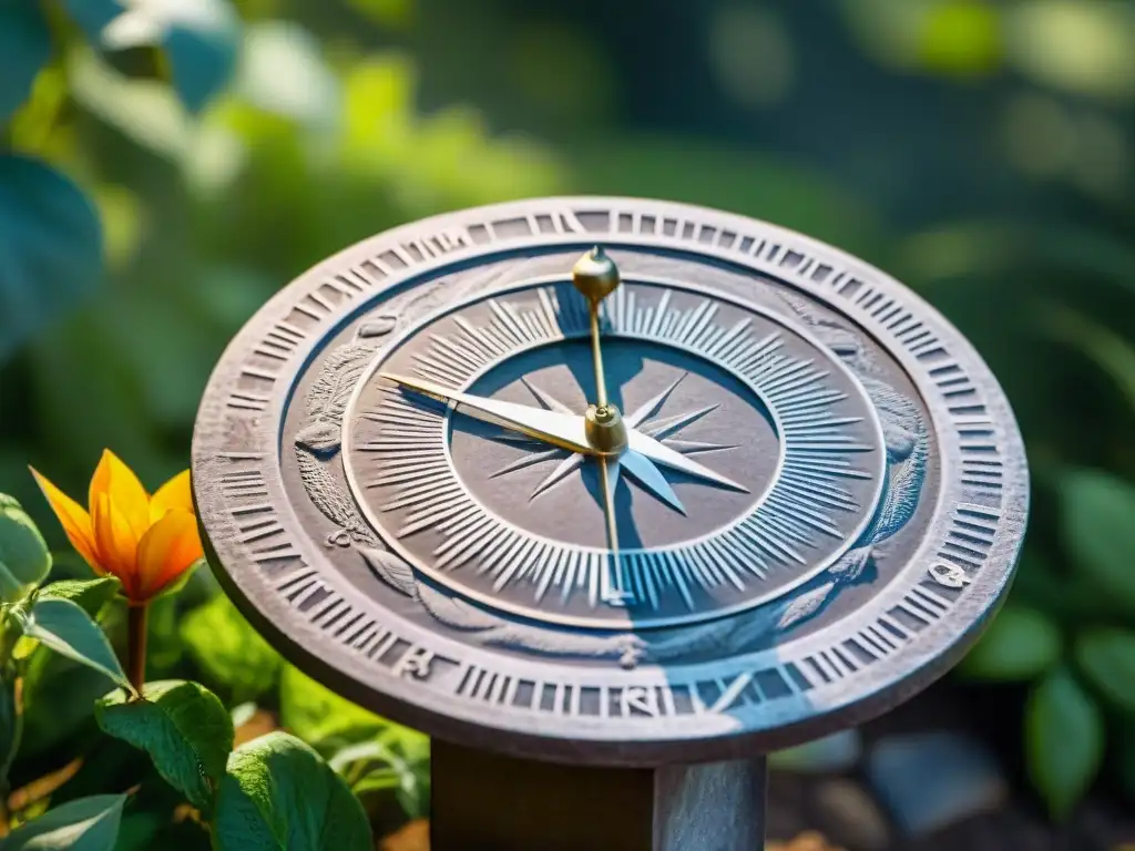 Intrincado reloj de sol en pedestal de piedra en jardín sereno